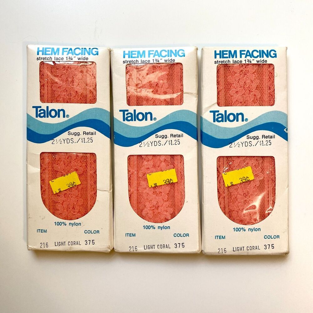 VTG Talon Stretch Lace Hem Facing 1 3/4" x 2.5 yds Nylon Lot of 3 Coral 1972 USA